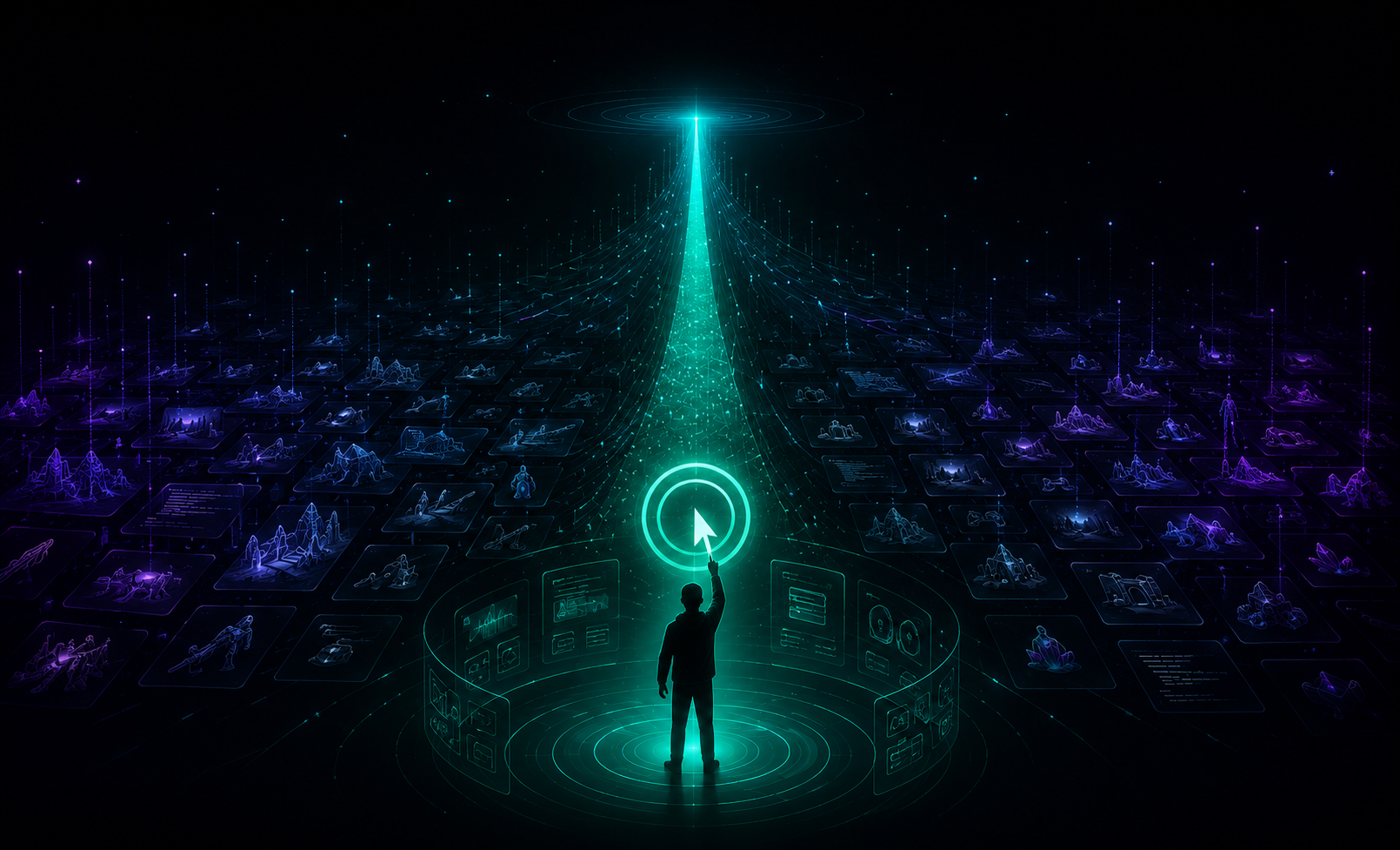 Abstract neon decision point surrounded by faint game concepts, symbolising AI shifting the bottleneck in gaming from production to judgment.