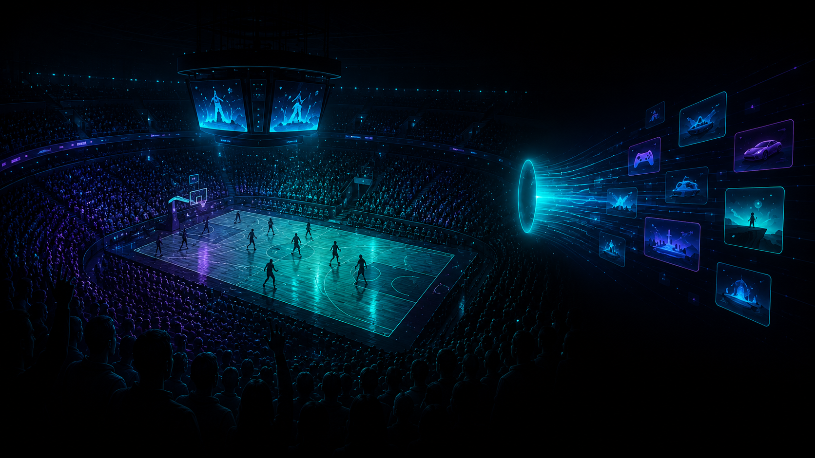 A packed basketball arena contrasted with a stream of digital games and content, illustrating scarcity, community and enduring IP in an AI-driven world.